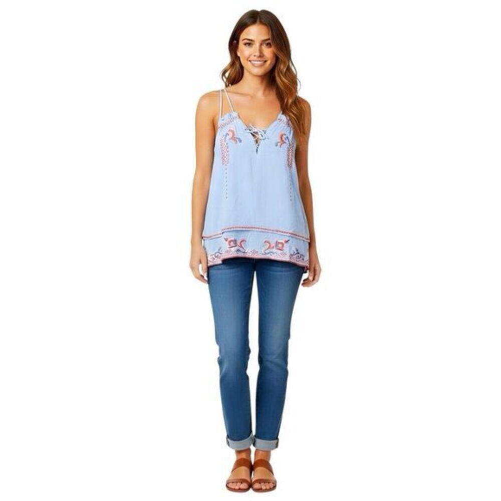 Parker Womens Blouse Sz Large Tank Top  Embroidered Floral Blue Sleeveless Boho